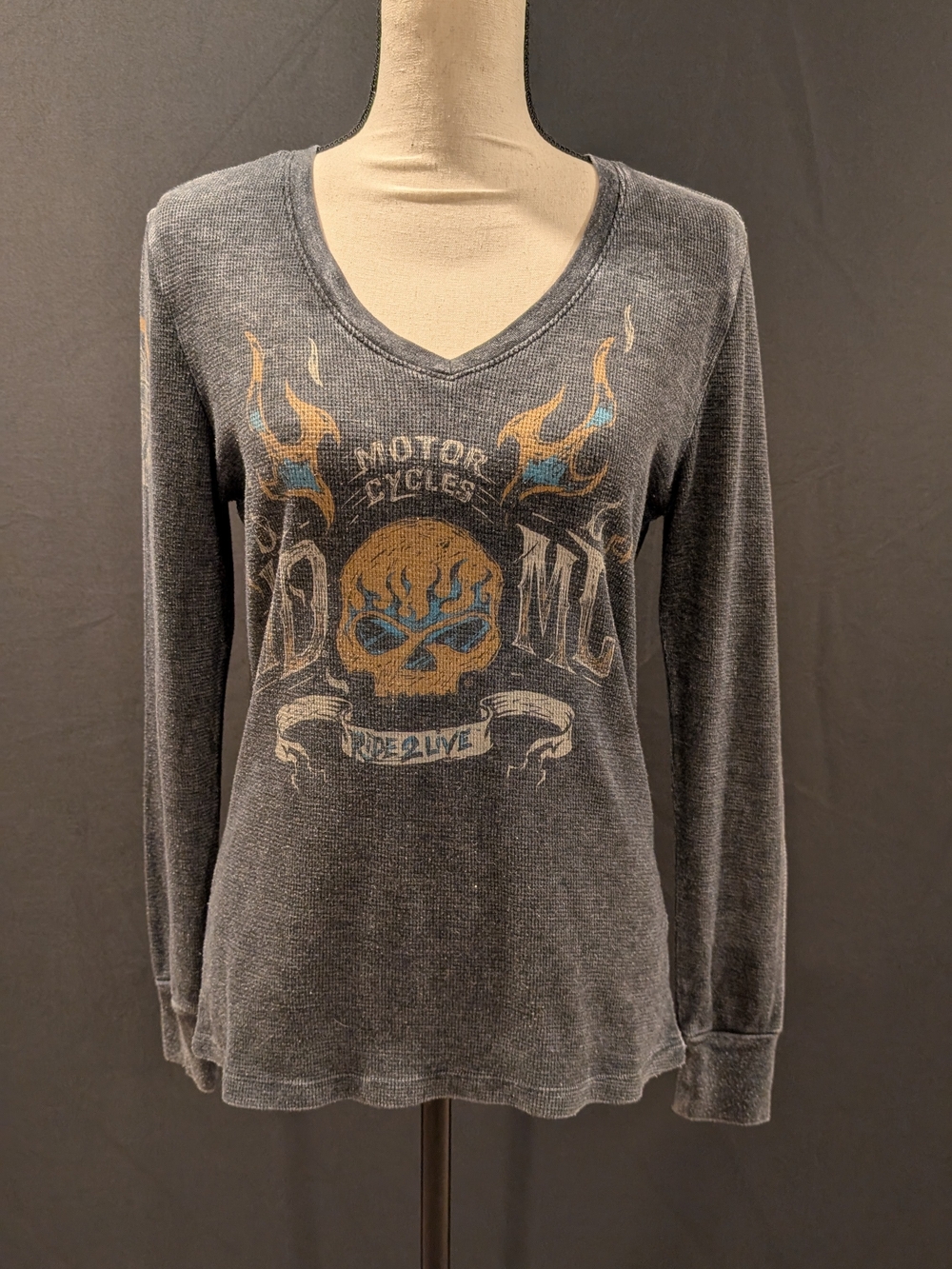 Harley-Davidson Gray V-Neck Long Sleeve Tee with Skull & Flame Graphic